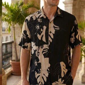 Vintage Cubavera 100% Rayon  Black and Tan Tropical Shirt Size XL